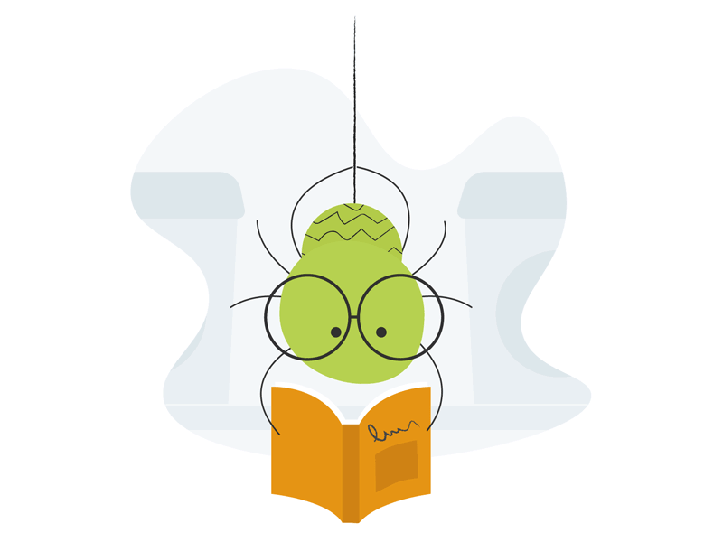Animated gif of a cute nerdy spider reading a book.